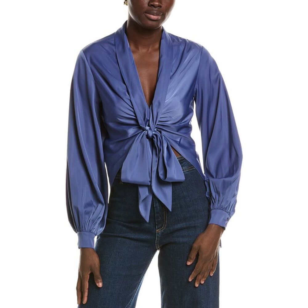 Susana Monaco Womens  Matte Satin Tie Blouse, Blue